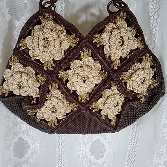 VTG, Crochet Style Retro Handmade Floral Handbag And Shoulder Bag Brown And Gold - Picture 6 of 16